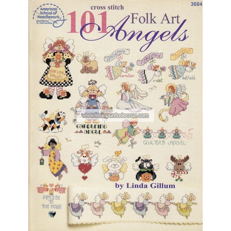 Gráfico Punto de Cruz 101 Ángeles american school of needlework 3684 folk art angels cross stitch chart