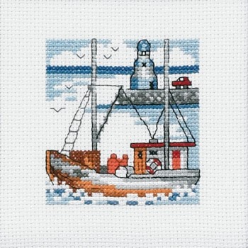 Kit Punto de Cruz Barco y Faro Azul Permin 14-5193 Blue Lighthouse cross stitch kit