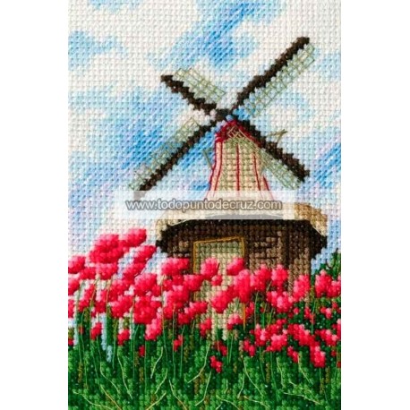 Kit Punto de Cruz Molino en Campo de Tulipanes RTO C284 windmill with tulips cross stitch kit