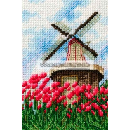 Kit Punto de Cruz Molino en Campo de Tulipanes RTO C284 windmill with tulips cross stitch kit