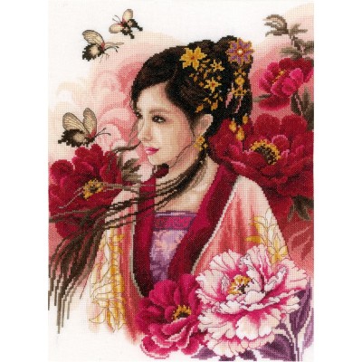 Kit Punto de Cruz Dama Asiática en Rosa Lanarte PN-0170199 Asian Lady in pink cross stitch kit