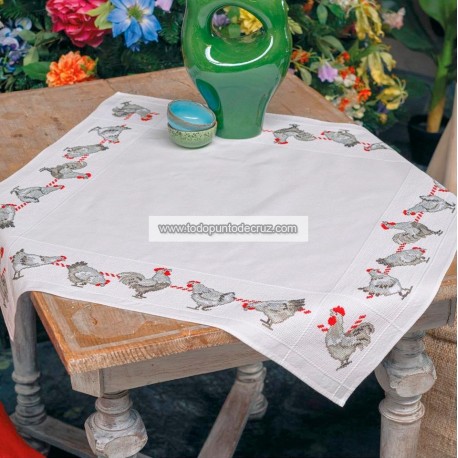 Kit Punto de Cruz Mantel con Gallinas Vervaco PN-0144093 Chickens Tablecloth cross stitch kit