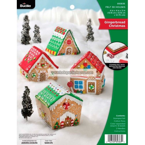 Kit de Aplicación de Fieltro Casitas de Jengibre Bucilla Plaid 89383E Felt 3D Houses Gingerbread Christmas