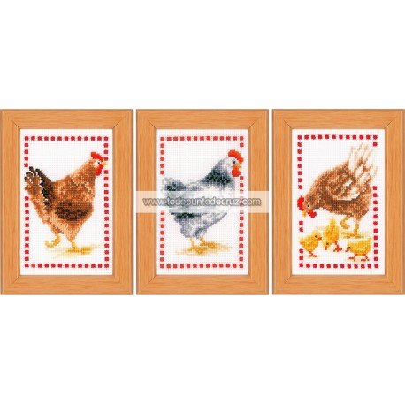 Kit Punto de Cruz Set de 3 Miniaturas Gallinas Vervaco PN-0146565 Chickens cross stitch kit set of 3 designs